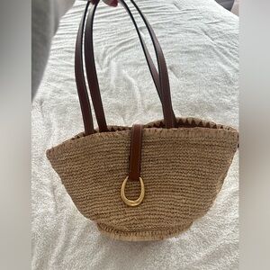 STAUD Woven Straw Tote Bag with Brown Leather Straps and Gold Ring